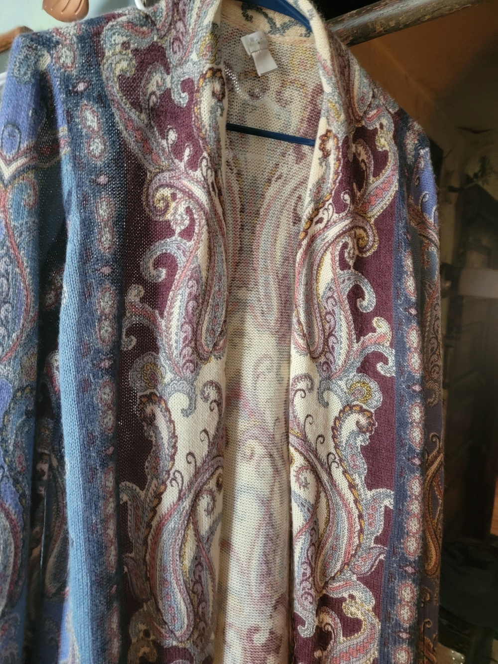 Chicos  Paisley Open Cardigan in Blue, Burgundy & Cream
